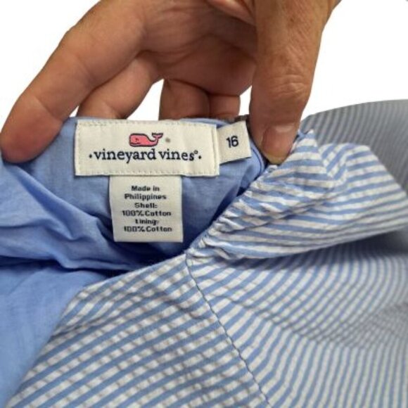 Vineyard Vines Criss Cross Seersucker Dress Blue Hydrangea White Stripe - Picture 5 of 7